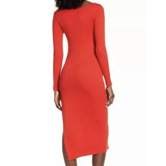 NWT Leith Sweater Dress Sz M Bodycon Midi Red Ribbed V Neck Long Sleeve Sexy - Picture 2 of 2